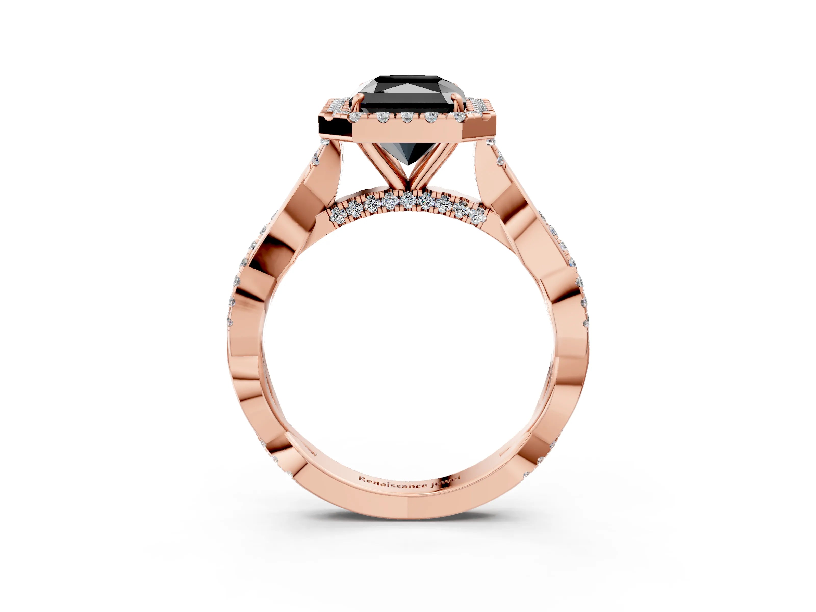 Rose gold Fancy Black Radiant Cut Halo Twist Band with Four-Prong Setting_3