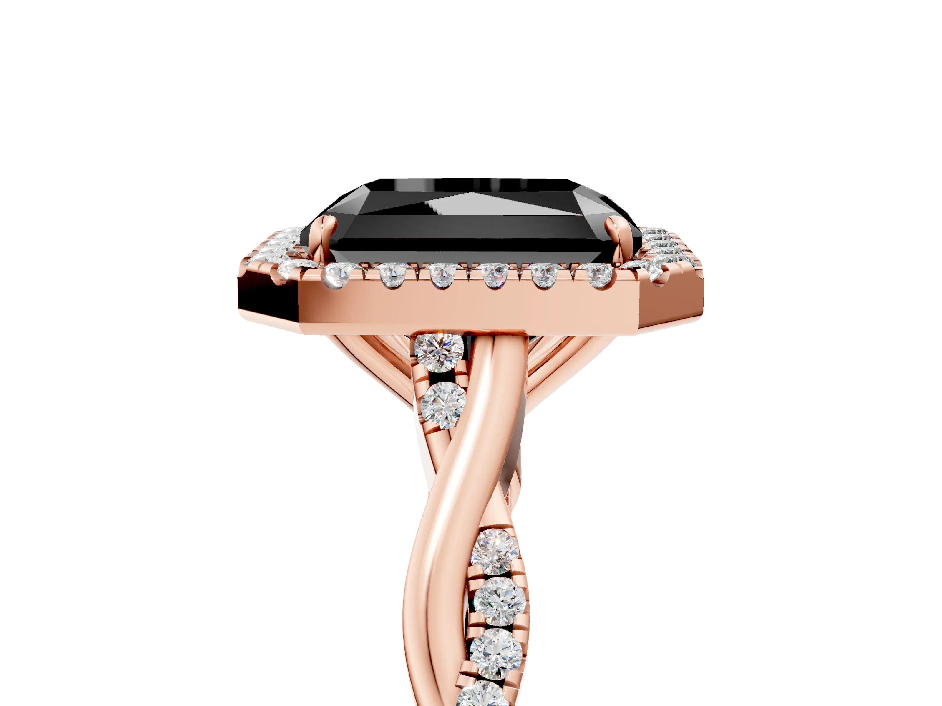 Rose gold Fancy Black Radiant Cut Halo Twist Band with Four-Prong Setting_5