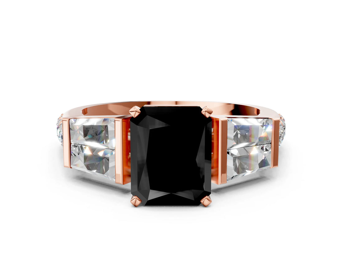 Rose gold Fancy Black Radiant Cut Solitaire Baguette Side Stone Channel Set Engagement Ring