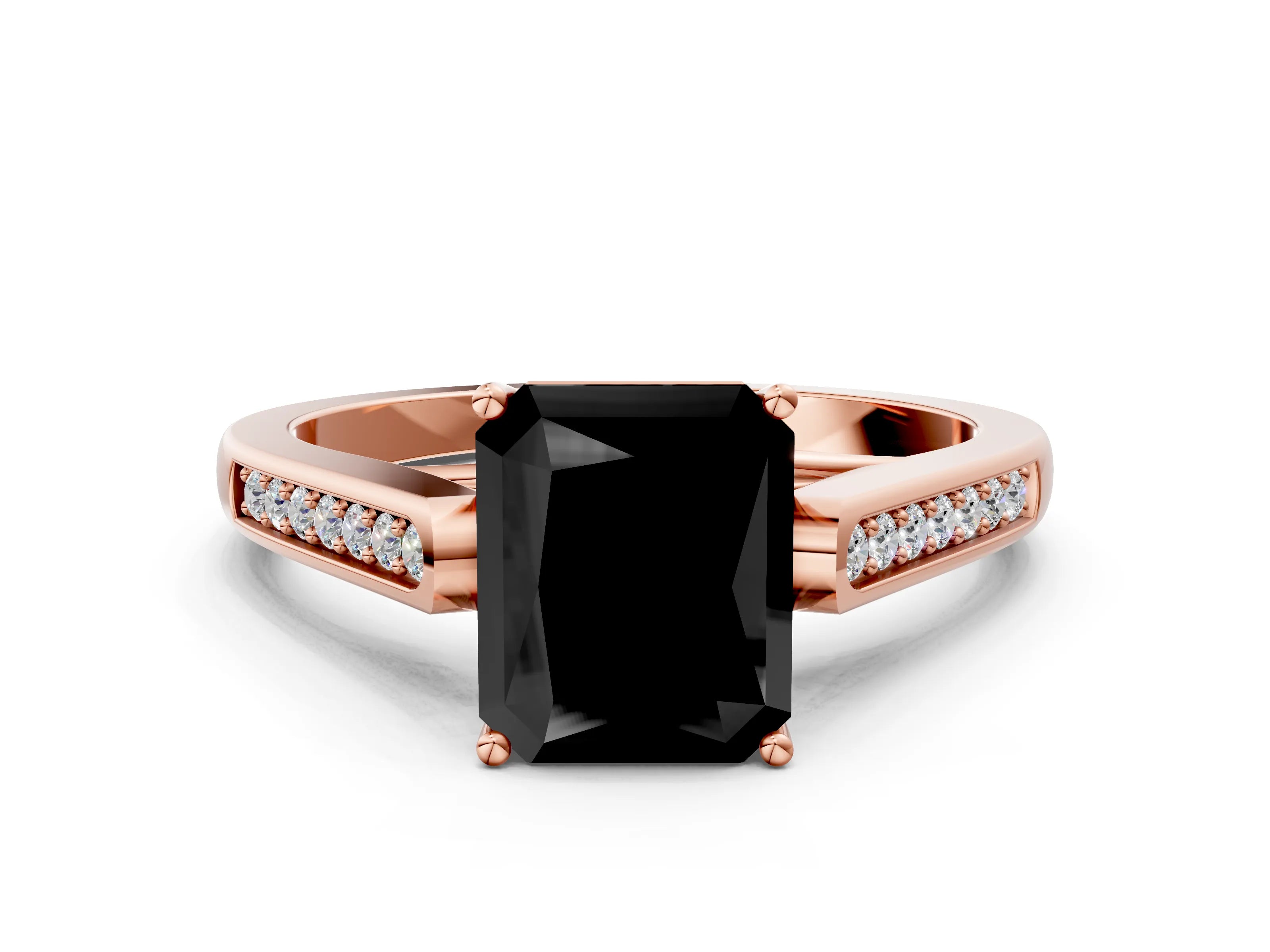 Rose gold Fancy Black Radiant Cut Solitaire Cathedral Diamond Engagement Ring with Channel-Set Band and Four-Prong Setting_3