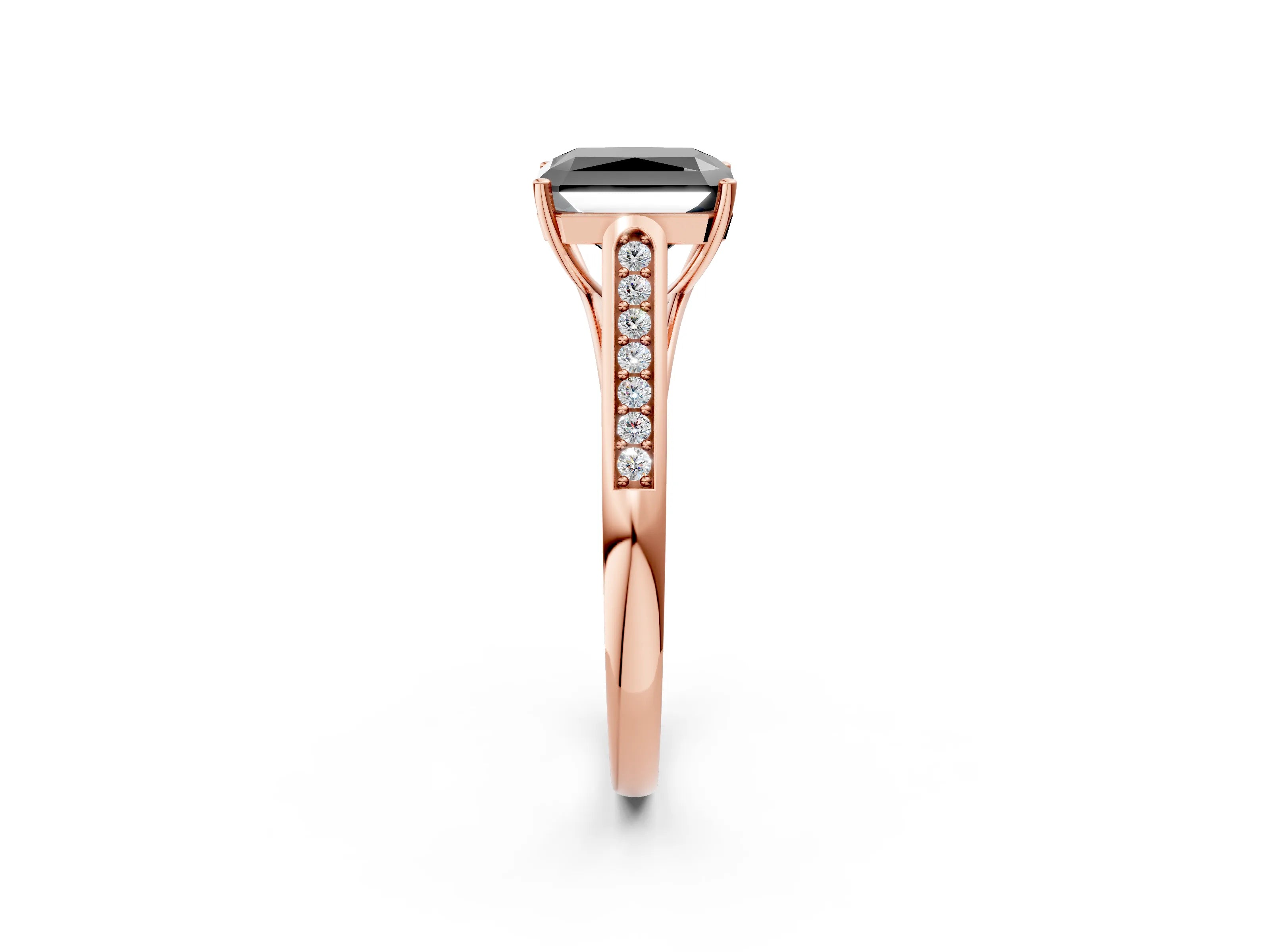 Rose gold Fancy Black Radiant Cut Solitaire Cathedral Diamond Engagement Ring with Channel-Set Band and Four-Prong Setting_5