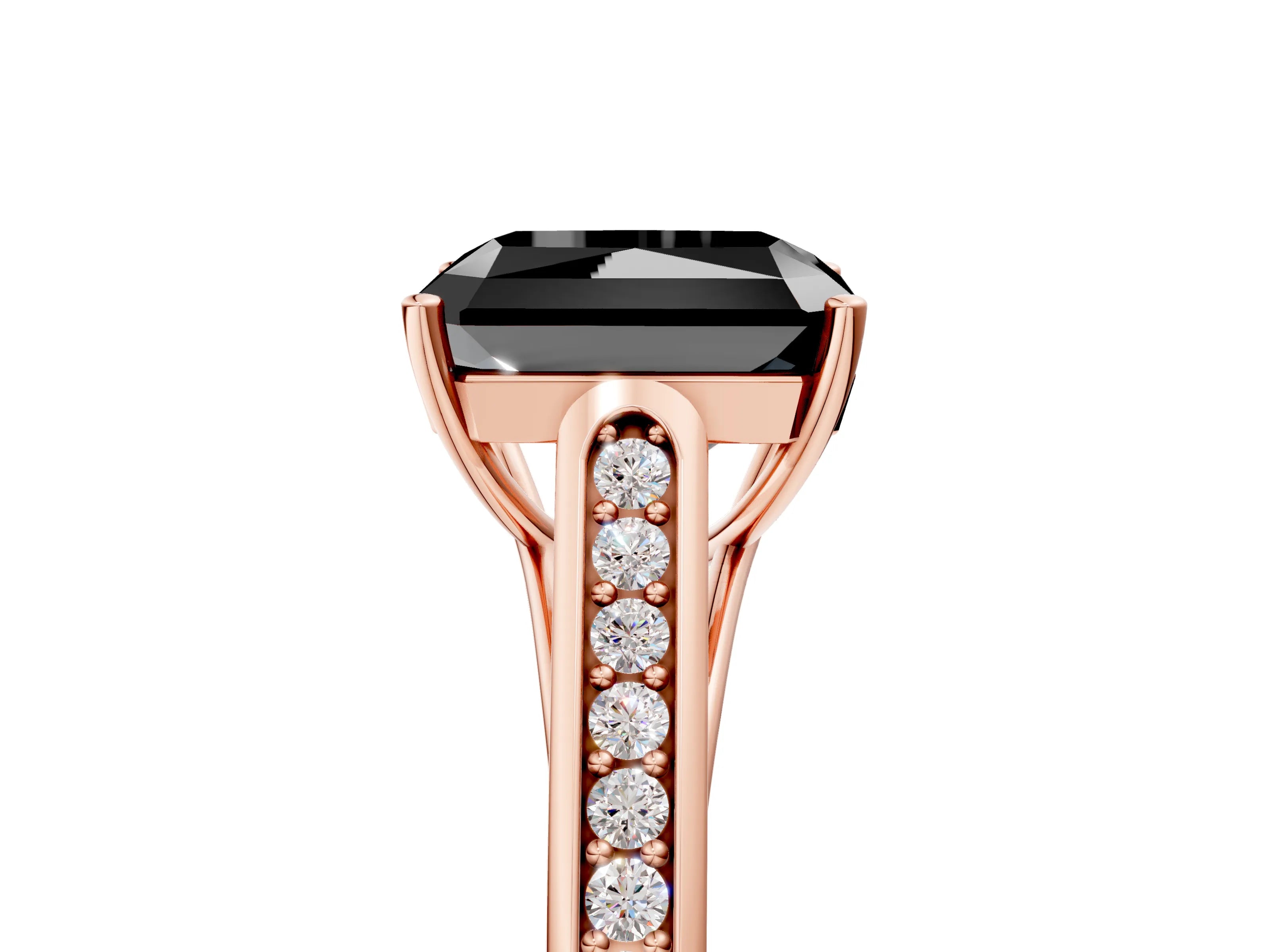 Rose gold Fancy Black Radiant Cut Solitaire Cathedral Diamond Engagement Ring with Channel-Set Band and Four-Prong Setting_8