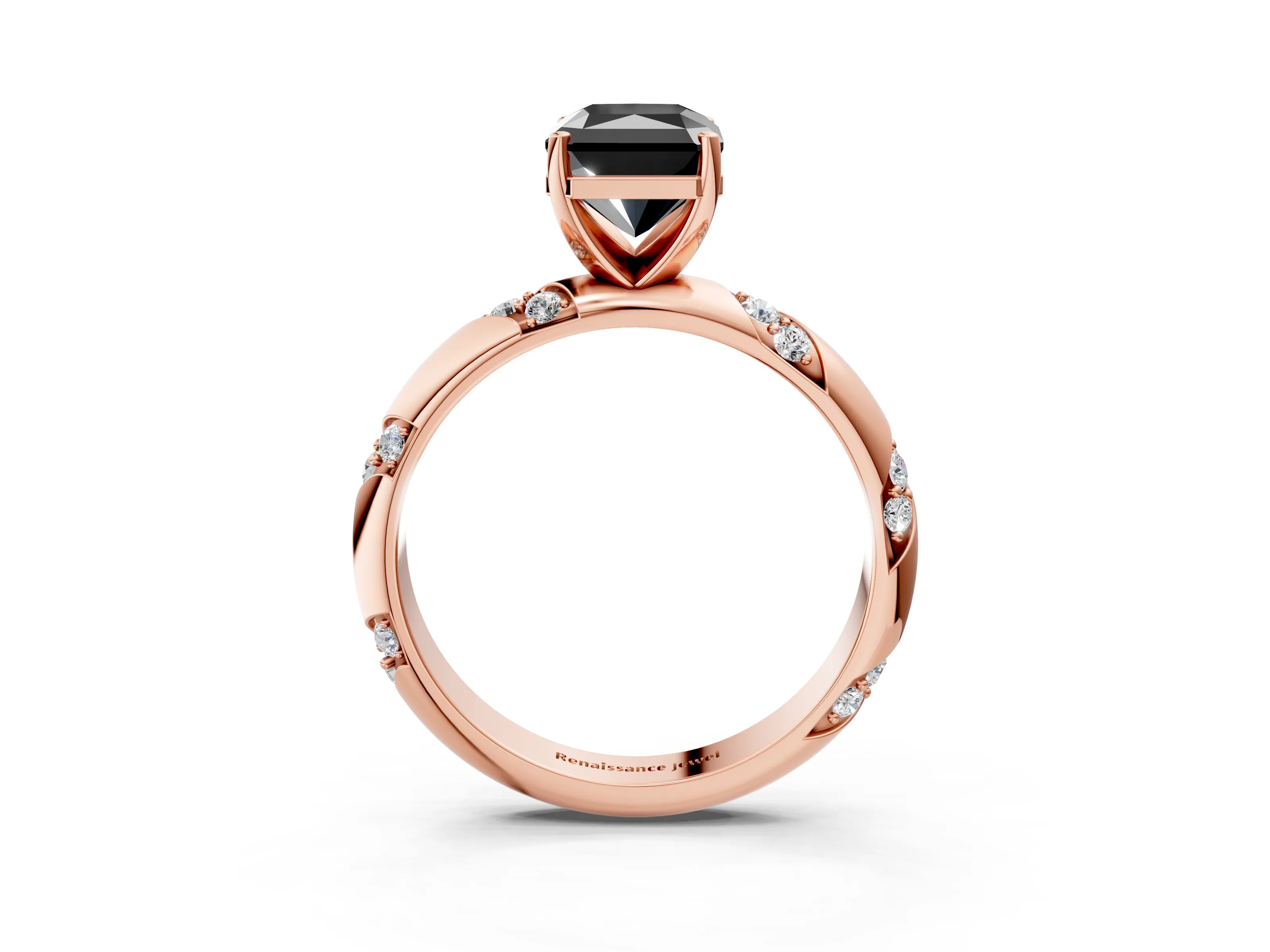 Rose gold Fancy Black Radiant Cut Solitaire Diamond Engagement Ring with Twisted Pave Band and Four-Prong Setting_6