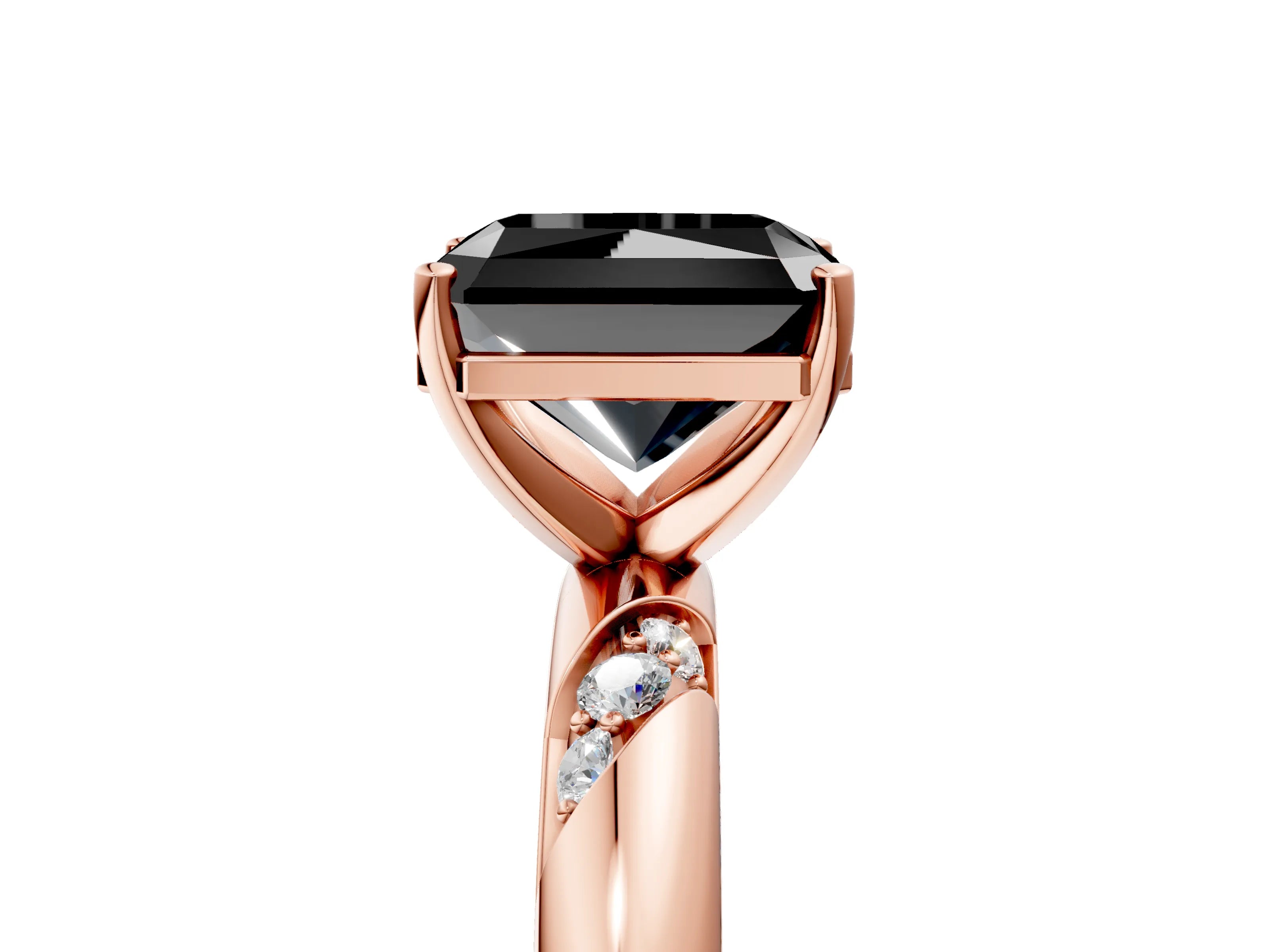 Rose gold Fancy Black Radiant Cut Solitaire Diamond Engagement Ring with Twisted Pave Band and Four-Prong Setting_8