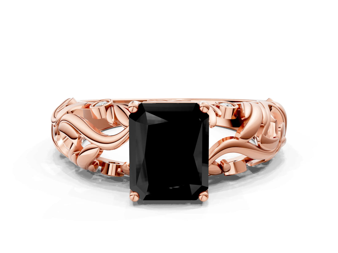 Rose gold Fancy Black Radiant Cut Solitaire Diamond Leaf-Inspired Vine Band Ring with Prong Setting
