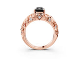 Rose gold Fancy Black Radiant Cut Solitaire Diamond Leaf-Inspired Vine Band Ring with Prong Setting_3