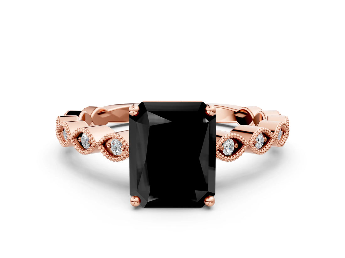 Rose gold Fancy Black Radiant Cut Solitaire Diamond Ring with Infinity Twist Band and Four-Prong Setting