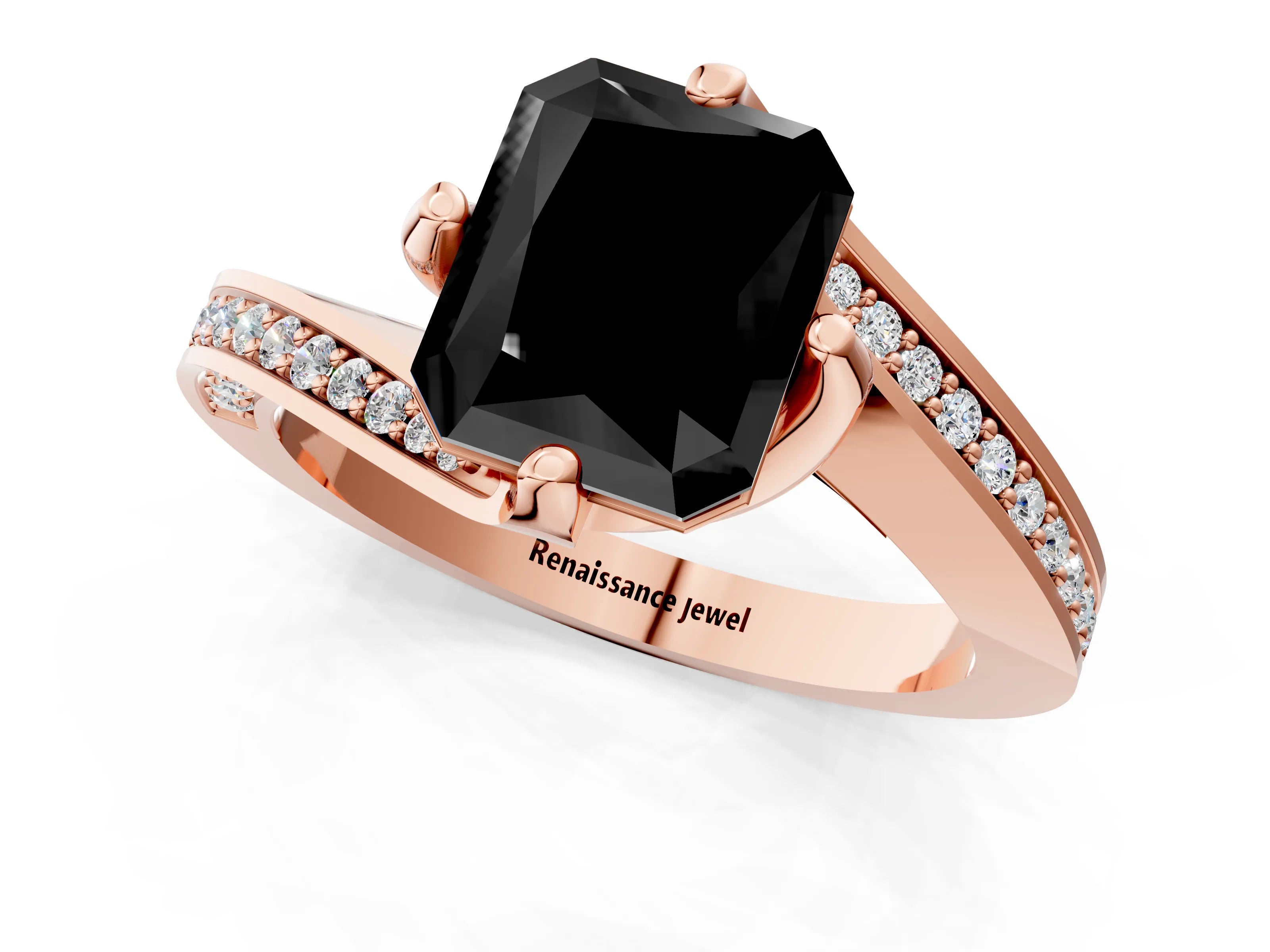Rose gold Fancy Black Radiant Cut Solitaire Diamond Twist Band with Pavé Setting and Four-Prong Setting_1