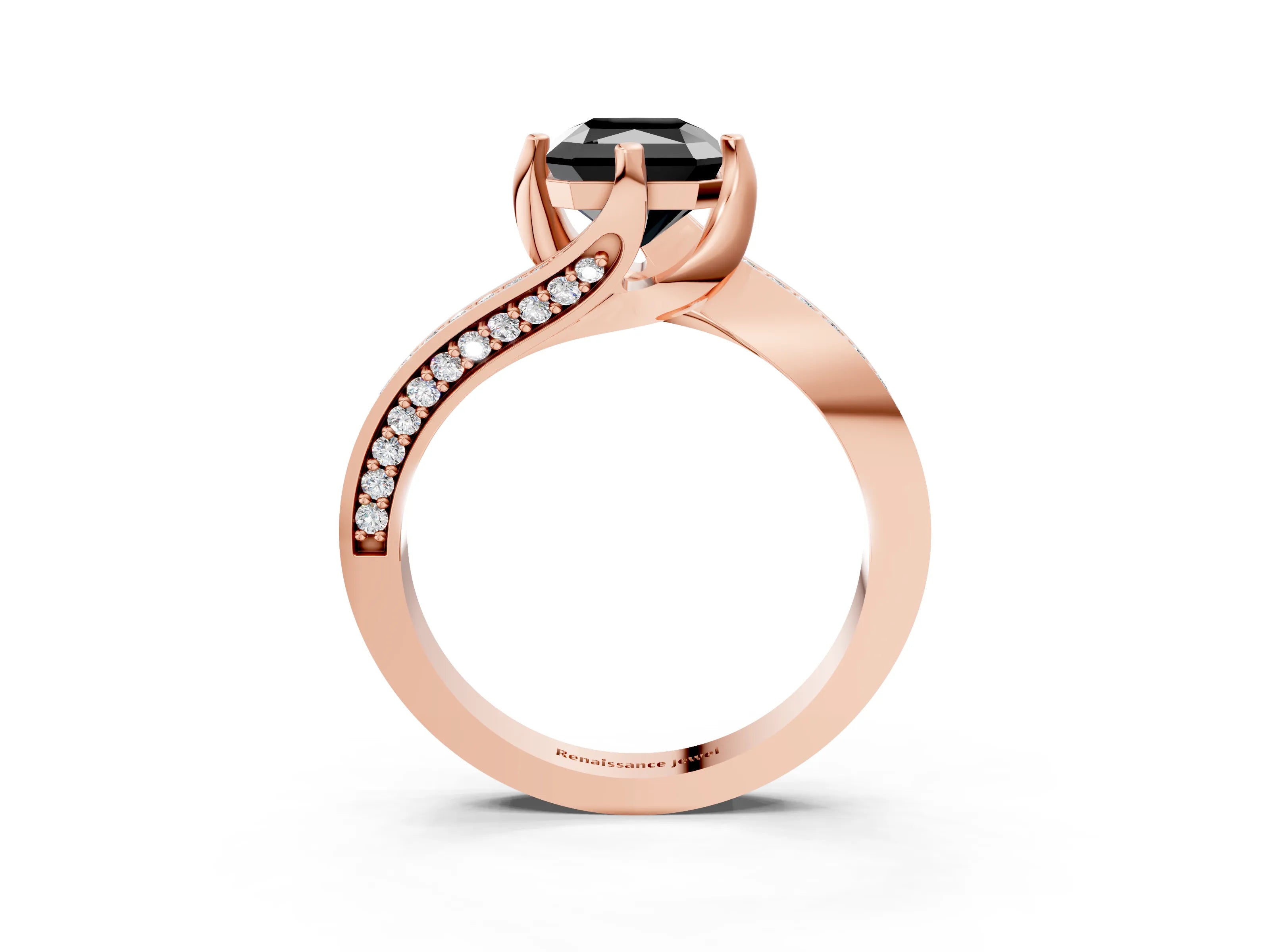 Rose gold Fancy Black Radiant Cut Solitaire Diamond Twist Band with Pavé Setting and Four-Prong Setting_3