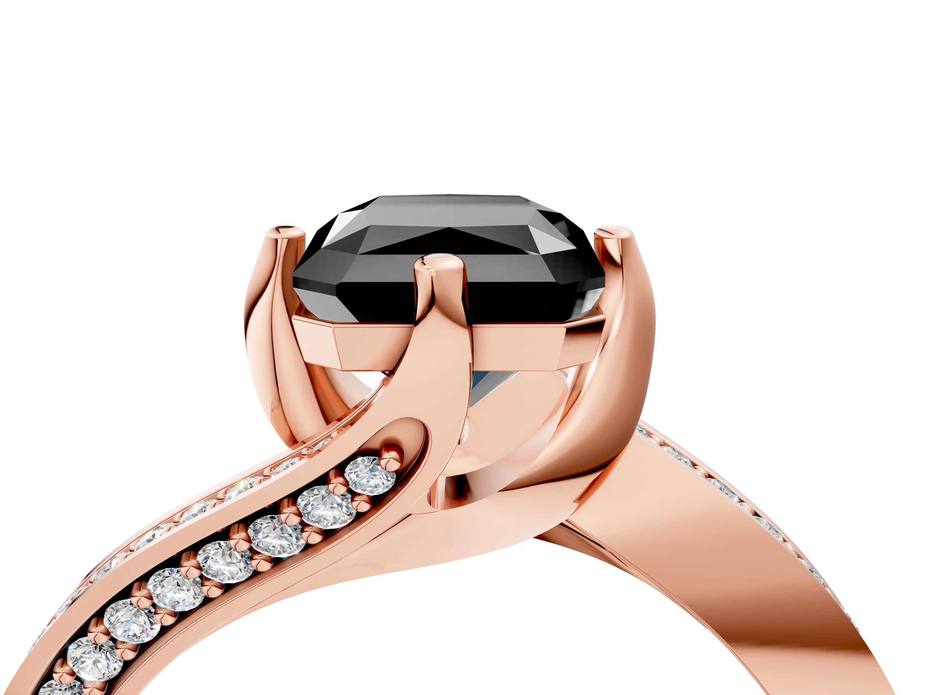 Rose gold Fancy Black Radiant Cut Solitaire Diamond Twist Band with Pavé Setting and Four-Prong Setting_4