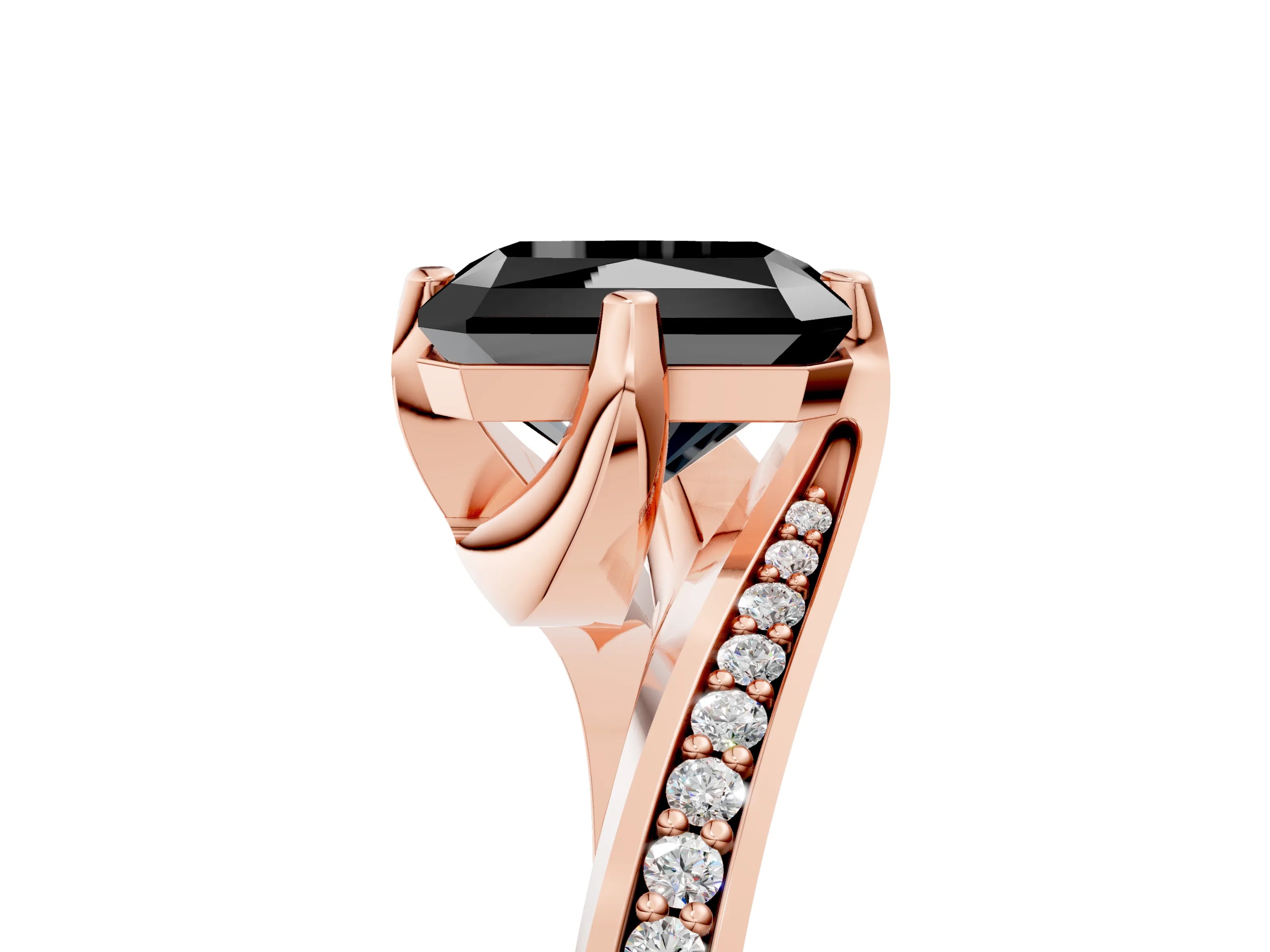 Rose gold Fancy Black Radiant Cut Solitaire Diamond Twist Band with Pavé Setting and Four-Prong Setting_5