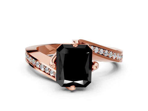 Rose gold Fancy Black Radiant Cut Solitaire Diamond Twist Band with Pavé Setting and Four-Prong Setting