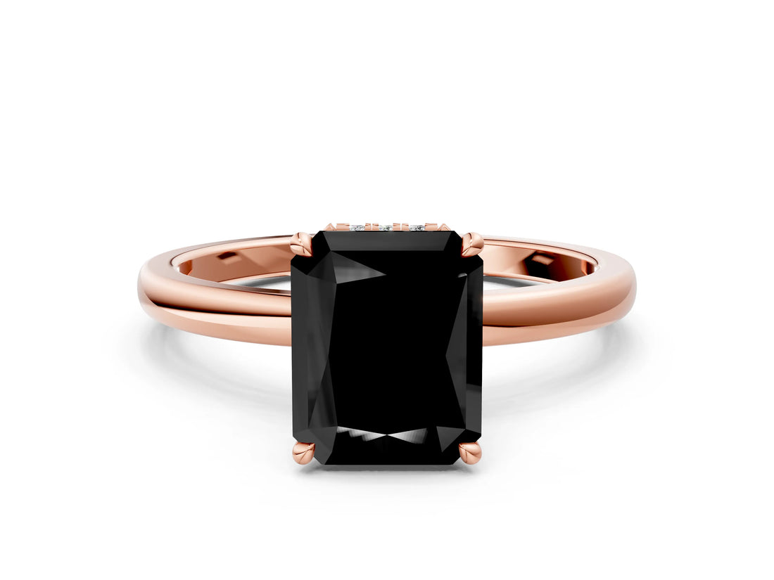Rose gold Fancy Black Radiant Cut Solitaire Engagement Ring with Cathedral Band and Four-Prong Setting