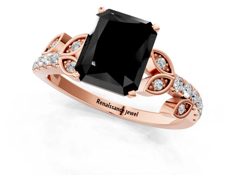 Rose gold Fancy Black Radiant Cut Solitaire Leaf-Inspired Diamond Ring with Pavé Band and Four-Prong Setting_1