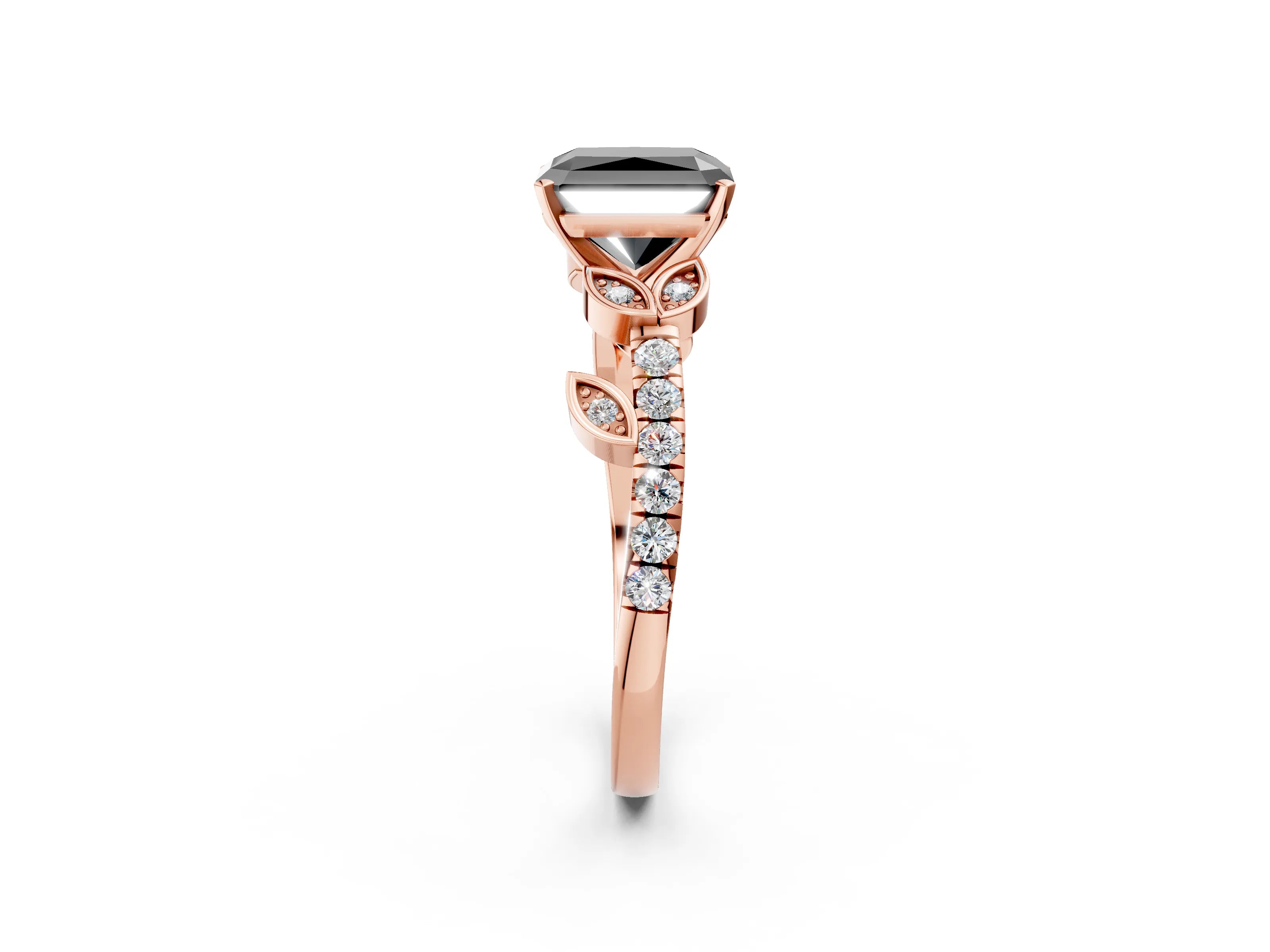 Rose gold Fancy Black Radiant Cut Solitaire Leaf-Inspired Diamond Ring with Pavé Band and Four-Prong Setting_2