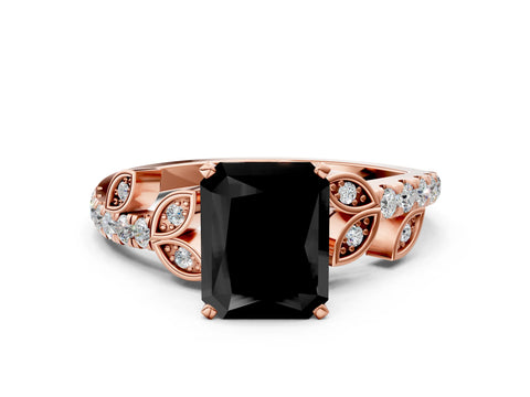 Rose gold Fancy Black Radiant Cut Solitaire Leaf-Inspired Diamond Ring with Pavé Band and Four-Prong Setting