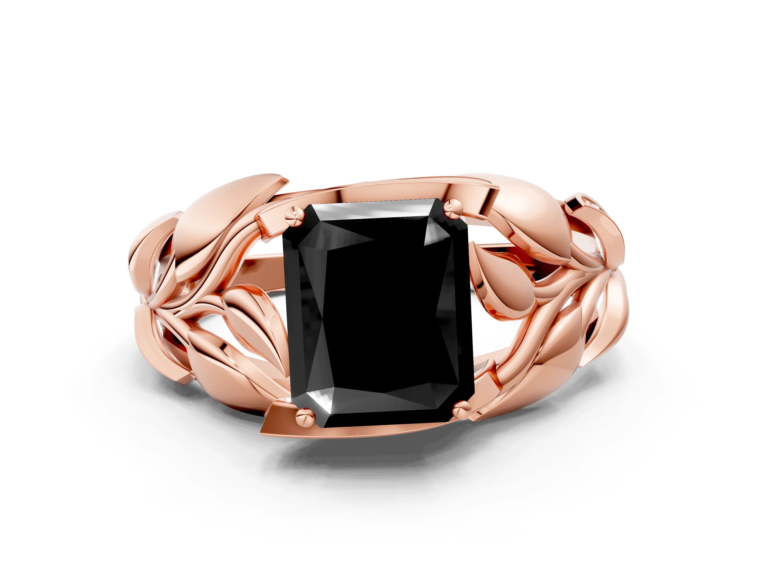 Rose gold Fancy Black Radiant Cut Solitaire Leaf-Inspired Engagement Ring with Prong Setting
