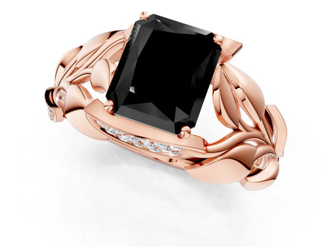 Rose gold Fancy Black Radiant Cut Solitaire Leaf-Inspired Engagement Ring with Prong Setting_1