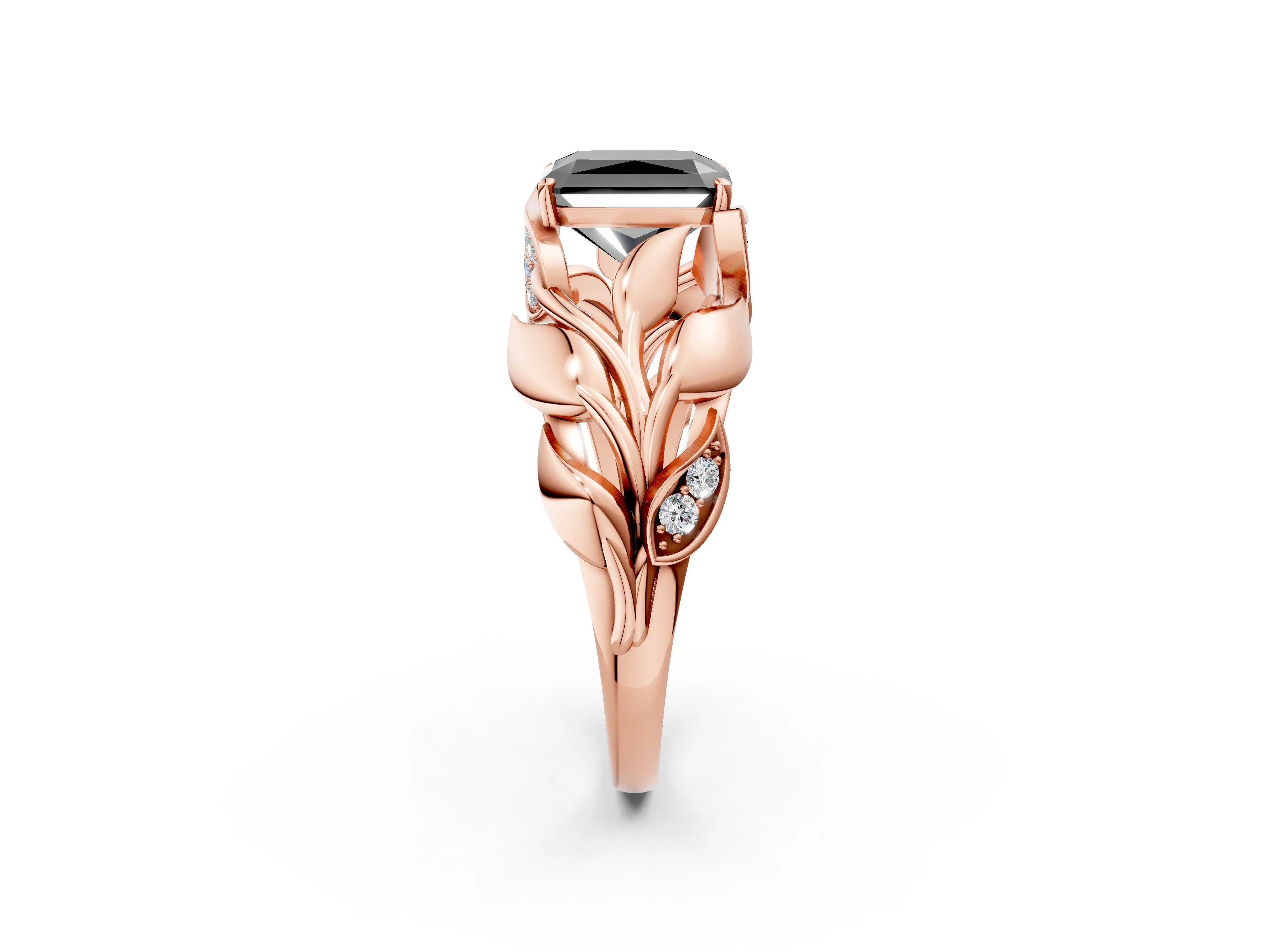 Rose gold Fancy Black Radiant Cut Solitaire Leaf-Inspired Engagement Ring with Prong Setting_2