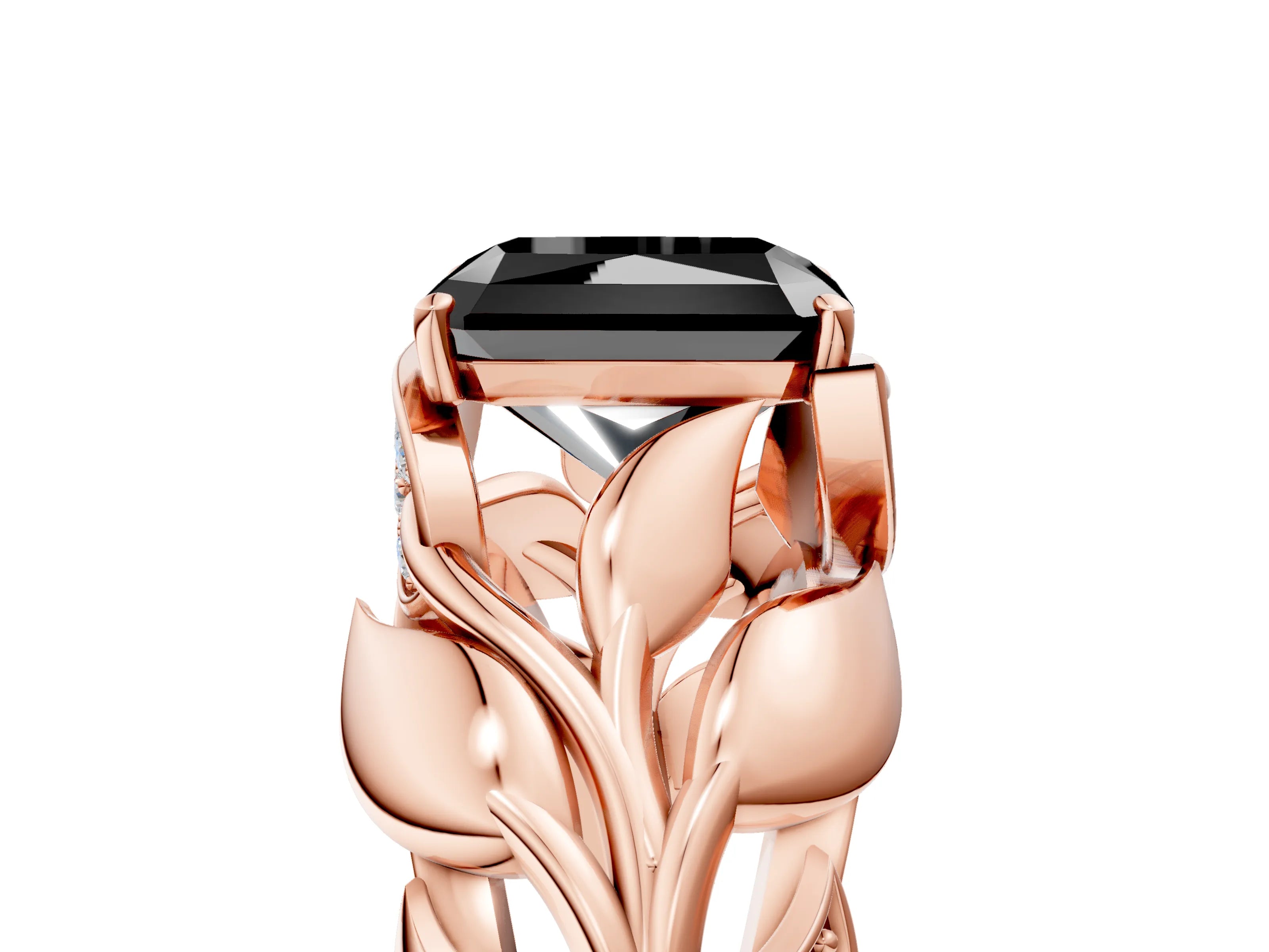 Rose gold Fancy Black Radiant Cut Solitaire Leaf-Inspired Engagement Ring with Prong Setting_5