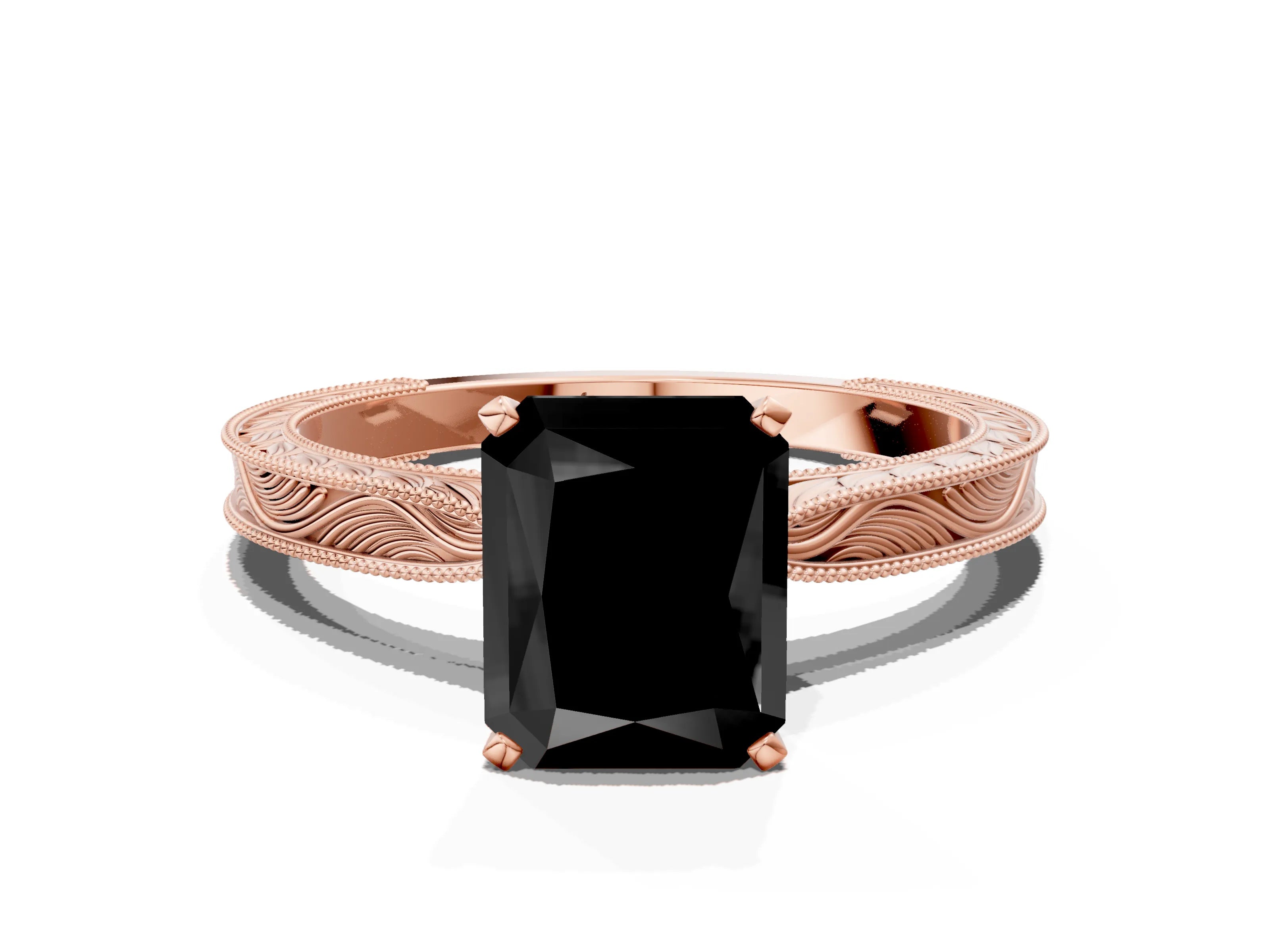 Rose gold Fancy Black Radiant Cut Solitaire Milgrain Engraved Band with Four-Prong Setting