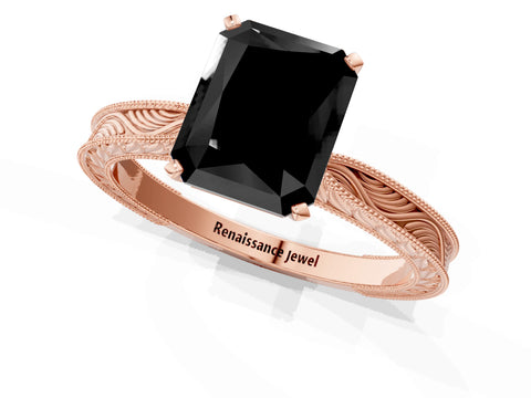 Rose gold Fancy Black Radiant Cut Solitaire Milgrain Engraved Band with Four-Prong Setting_1