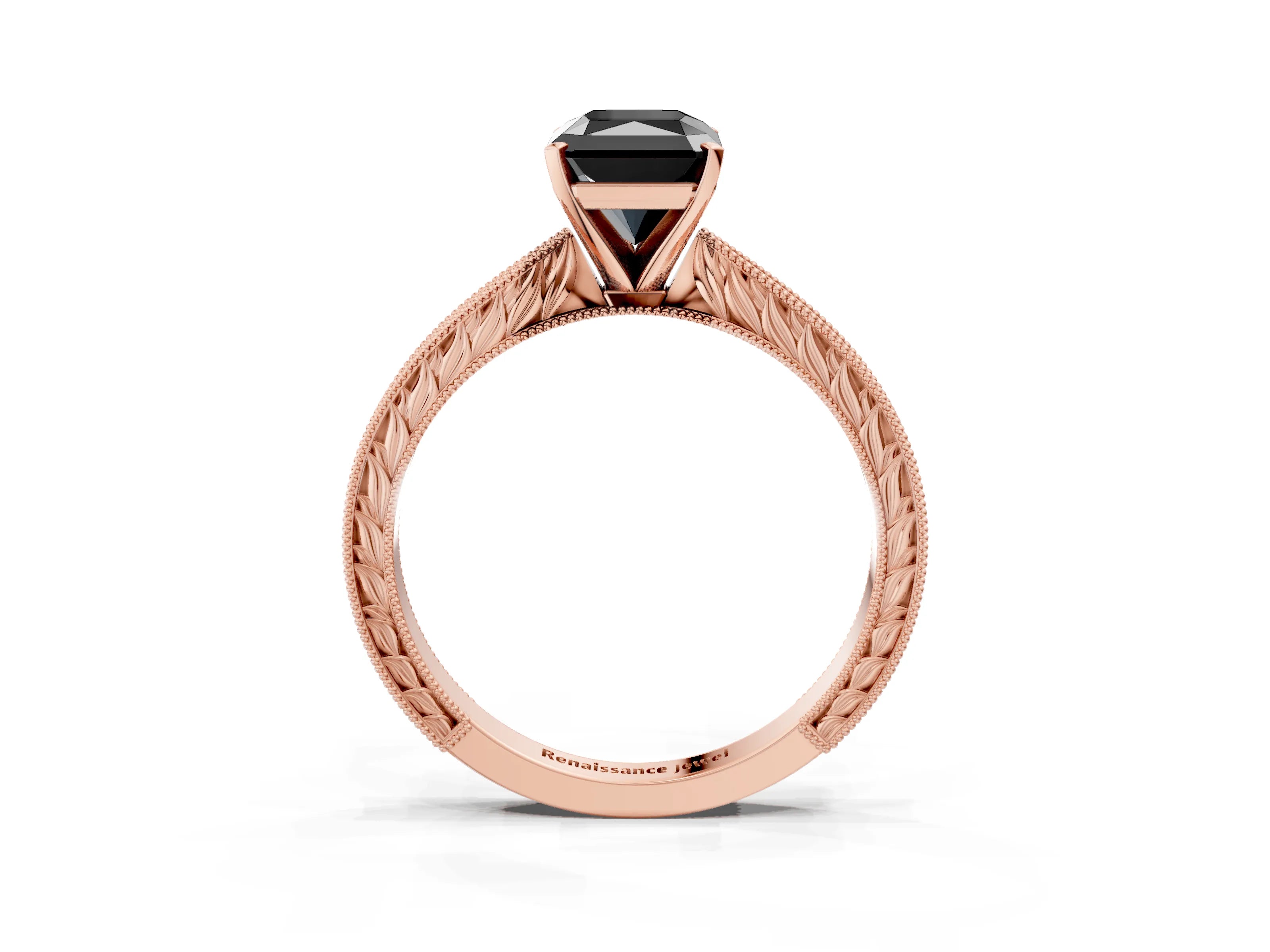 Rose gold Fancy Black Radiant Cut Solitaire Milgrain Engraved Band with Four-Prong Setting_3