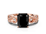 Rose gold Fancy Black Radiant Cut Solitaire Milgrain Leaf Band with Prong Setting