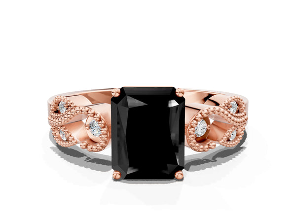 Rose Gold Radiant Cut Vintage Solitaire Engagement Ring Setting for Black Center