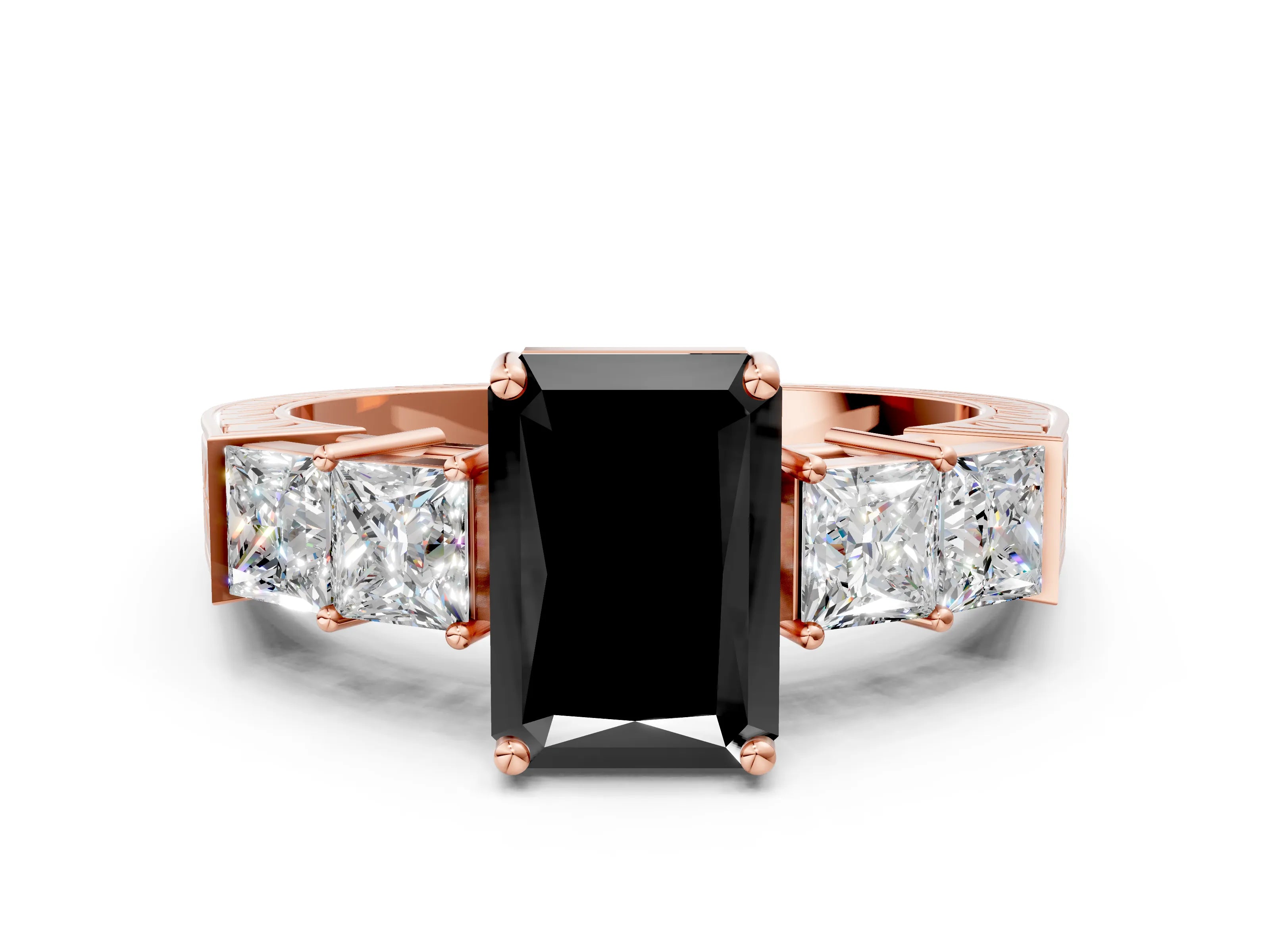 Rose gold Fancy Black Radiant Cut Solitaire Princess Side Stone Engraved Band Prong Setting Ring