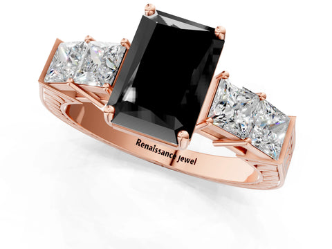 Rose gold Fancy Black Radiant Cut Solitaire Princess Side Stone Engraved Band Prong Setting Ring_1