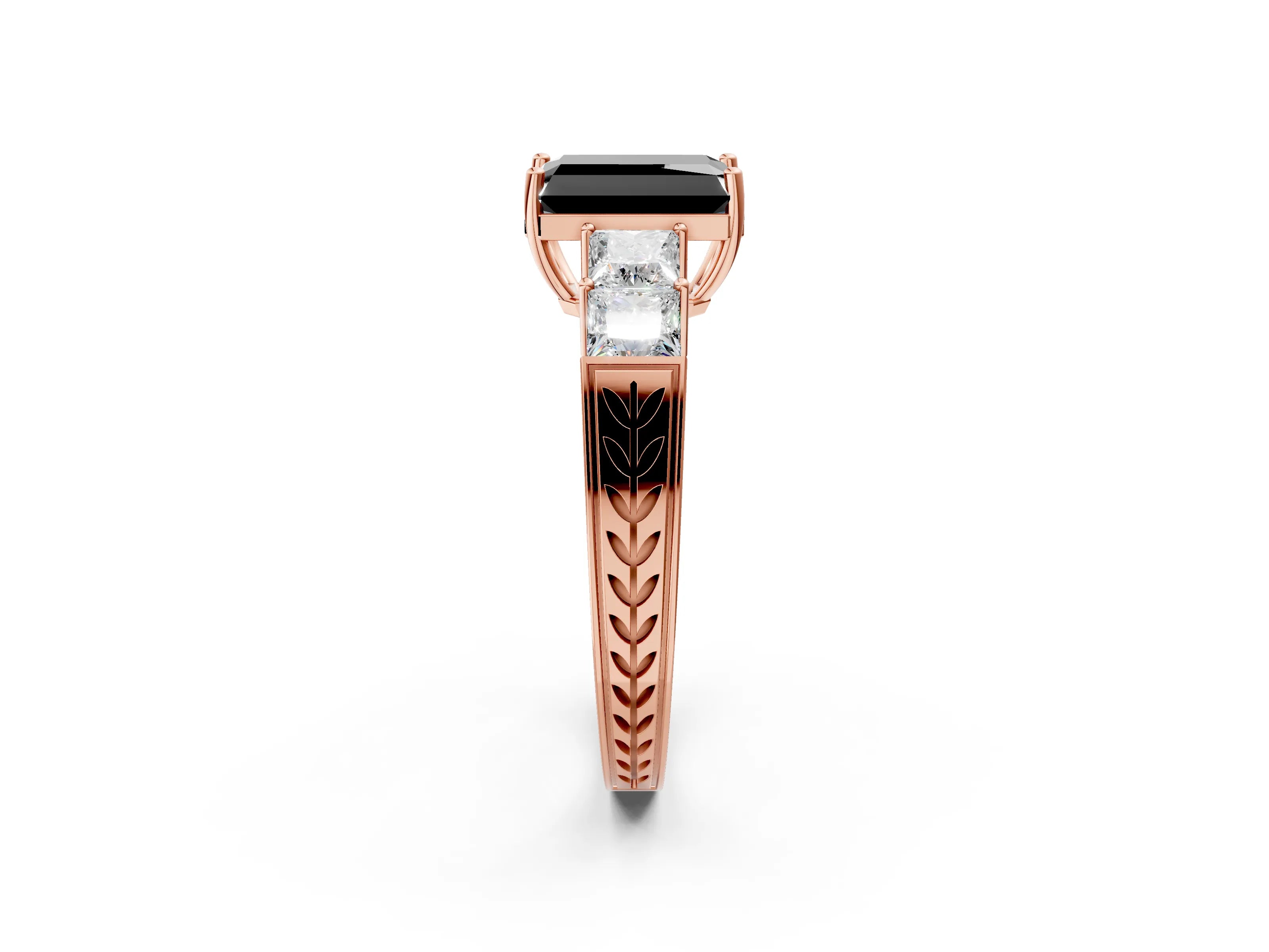 Rose gold Fancy Black Radiant Cut Solitaire Princess Side Stone Engraved Band Prong Setting Ring_2