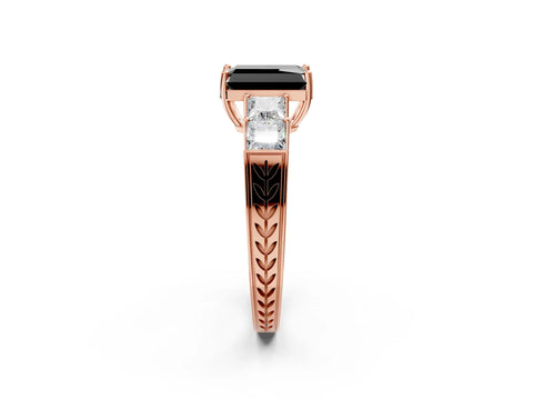 Rose gold Fancy Black Radiant Cut Solitaire Princess Side Stone Engraved Band Prong Setting Ring_2