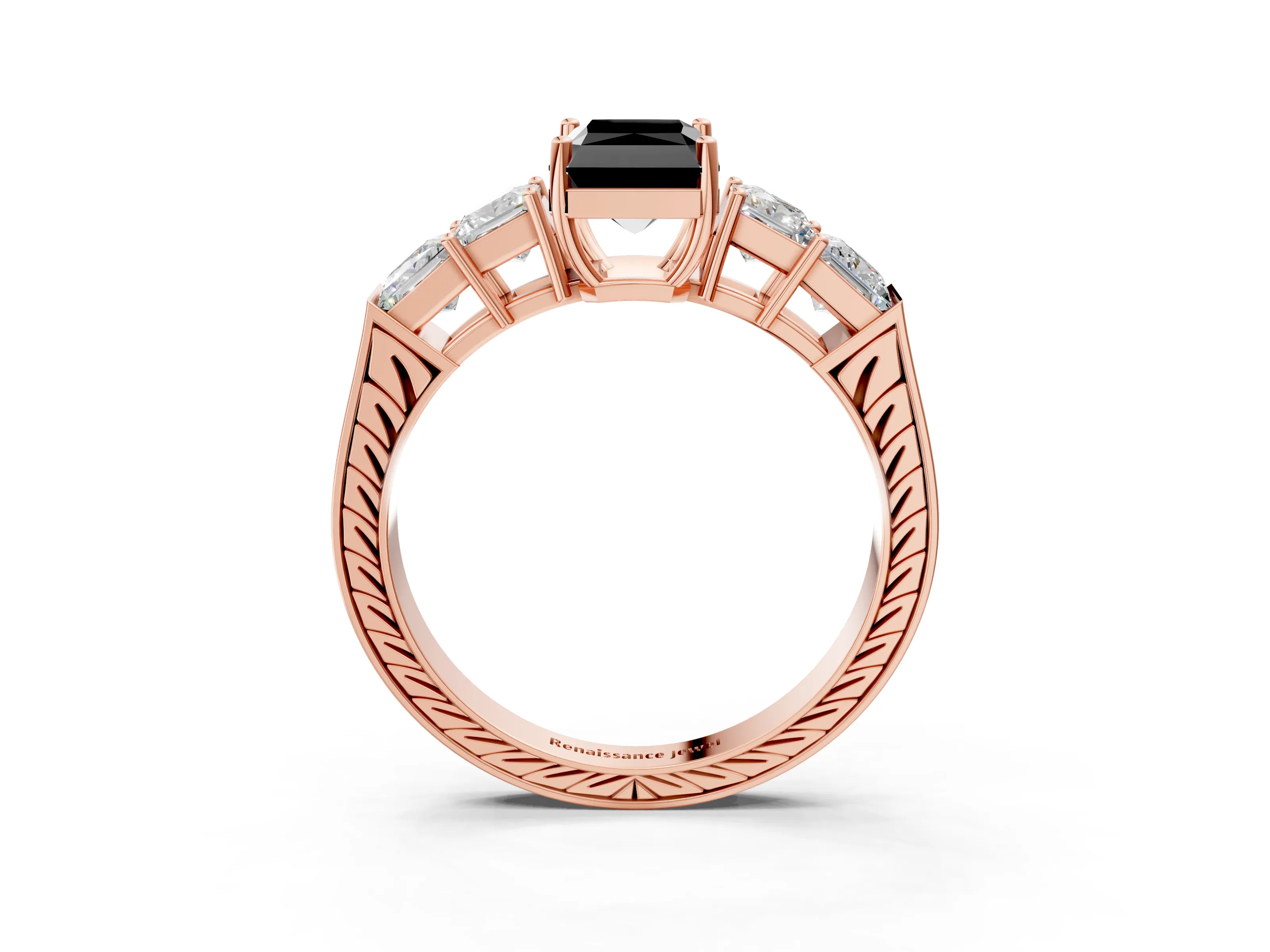 Rose gold Fancy Black Radiant Cut Solitaire Princess Side Stone Engraved Band Prong Setting Ring_3