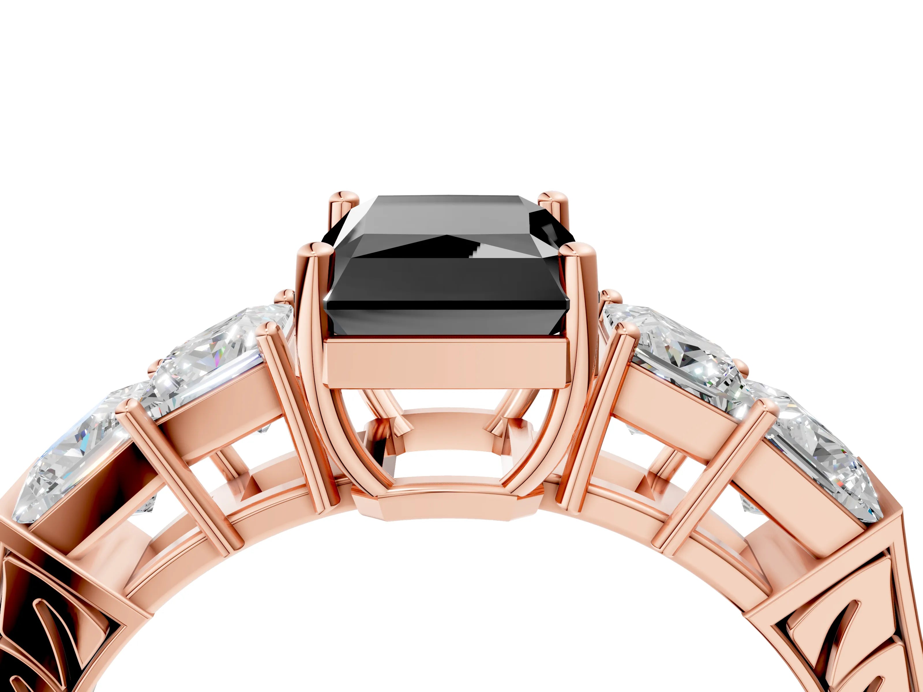 Rose gold Fancy Black Radiant Cut Solitaire Princess Side Stone Engraved Band Prong Setting Ring_4