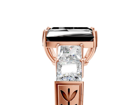 Rose gold Fancy Black Radiant Cut Solitaire Princess Side Stone Engraved Band Prong Setting Ring_5