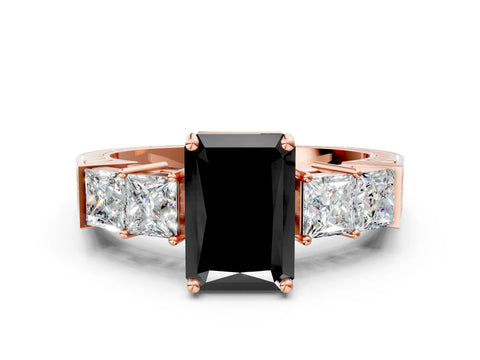 Rose gold Fancy Black Radiant Cut Solitaire Princess Side Stone Engraved Band Prong Setting Ring