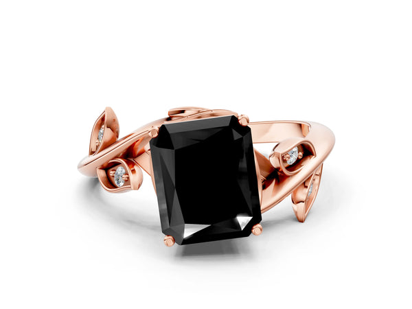 Rose gold Fancy Black Radiant Cut Solitaire Twist Engagement Ring with Leaf Accents and Prong Setting
