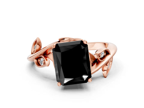 Rose gold Fancy Black Radiant Cut Solitaire Twist Engagement Ring with Leaf Accents and Prong Setting_18