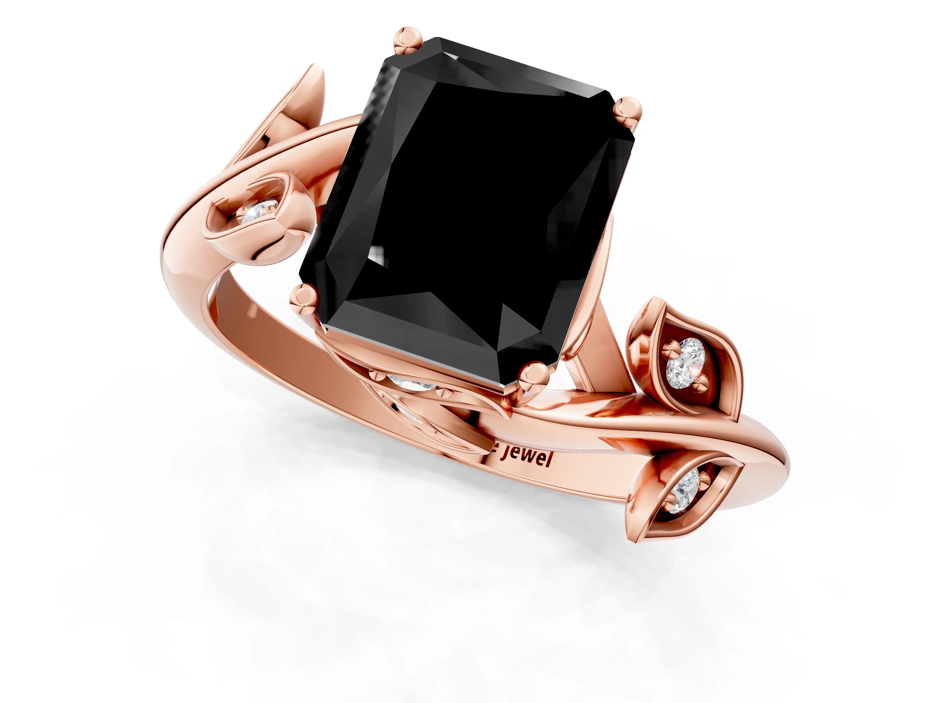 Rose gold Fancy Black Radiant Cut Solitaire Twist Engagement Ring with Leaf Accents and Prong Setting_19