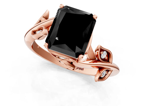 Rose gold Fancy Black Radiant Cut Solitaire Twist Engagement Ring with Leaf Accents and Prong Setting_19