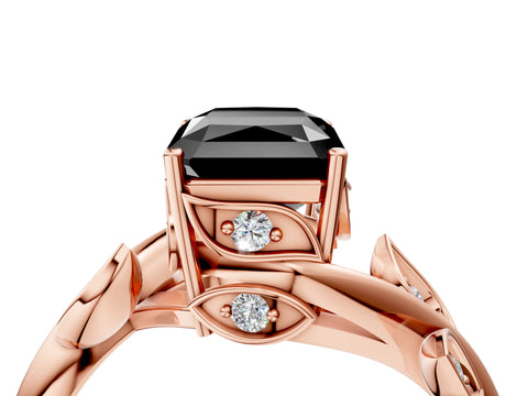 Rose gold Fancy Black Radiant Cut Solitaire Twist Engagement Ring with Leaf Accents and Prong Setting_22
