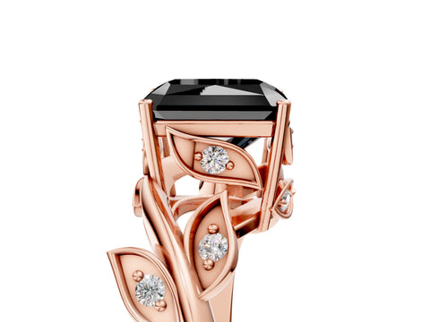 Rose gold Fancy Black Radiant Cut Solitaire Twist Engagement Ring with Leaf Accents and Prong Setting_23