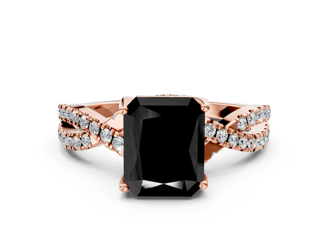 Rose gold Fancy Black Radiant Cut Solitaire Twist Pave Diamond Engagement Ring with Prong Setting