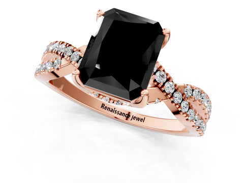 Rose gold Fancy Black Radiant Cut Solitaire Twist Pave Diamond Engagement Ring with Prong Setting_1