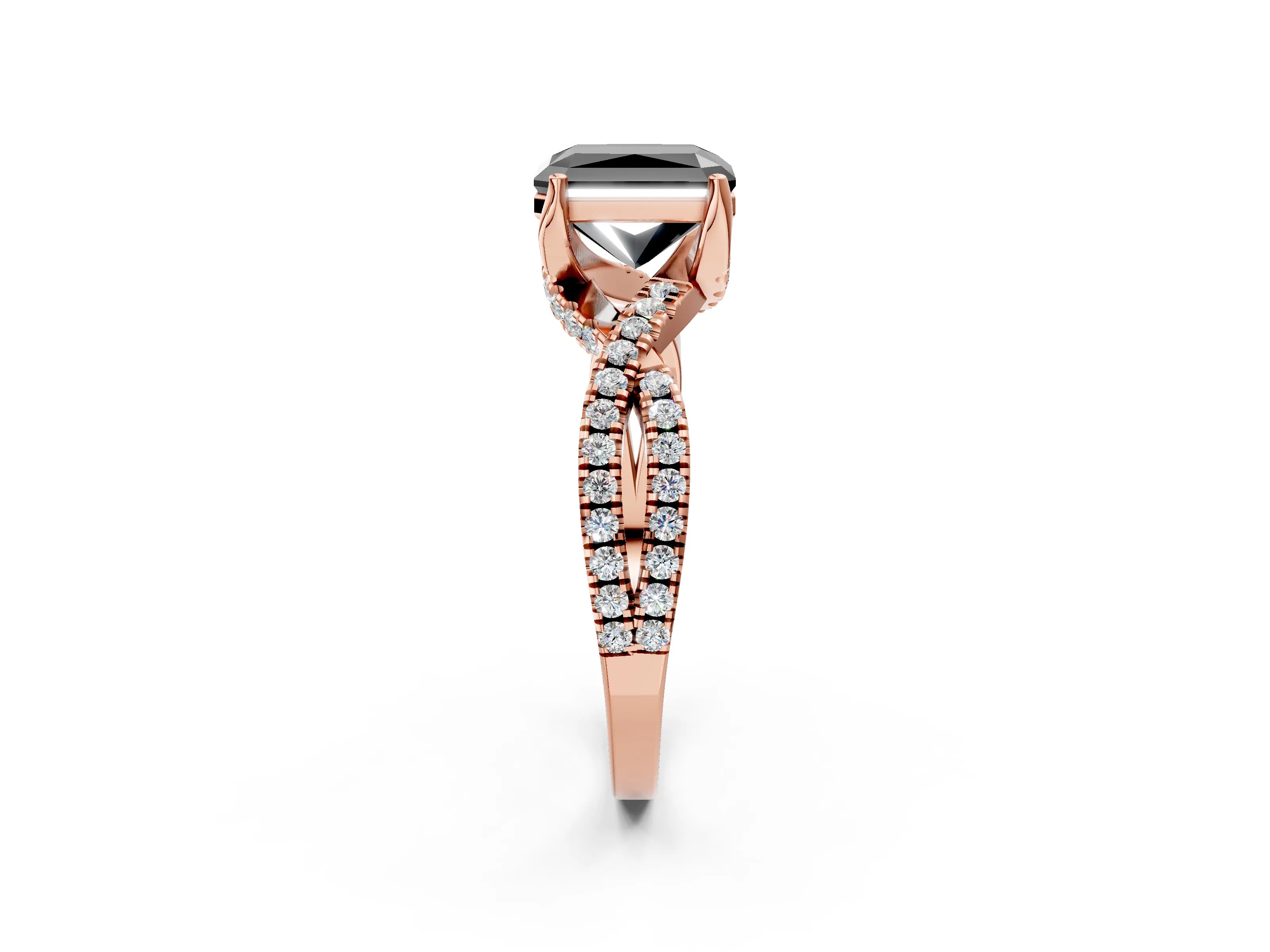 Rose gold Fancy Black Radiant Cut Solitaire Twist Pave Diamond Engagement Ring with Prong Setting_2