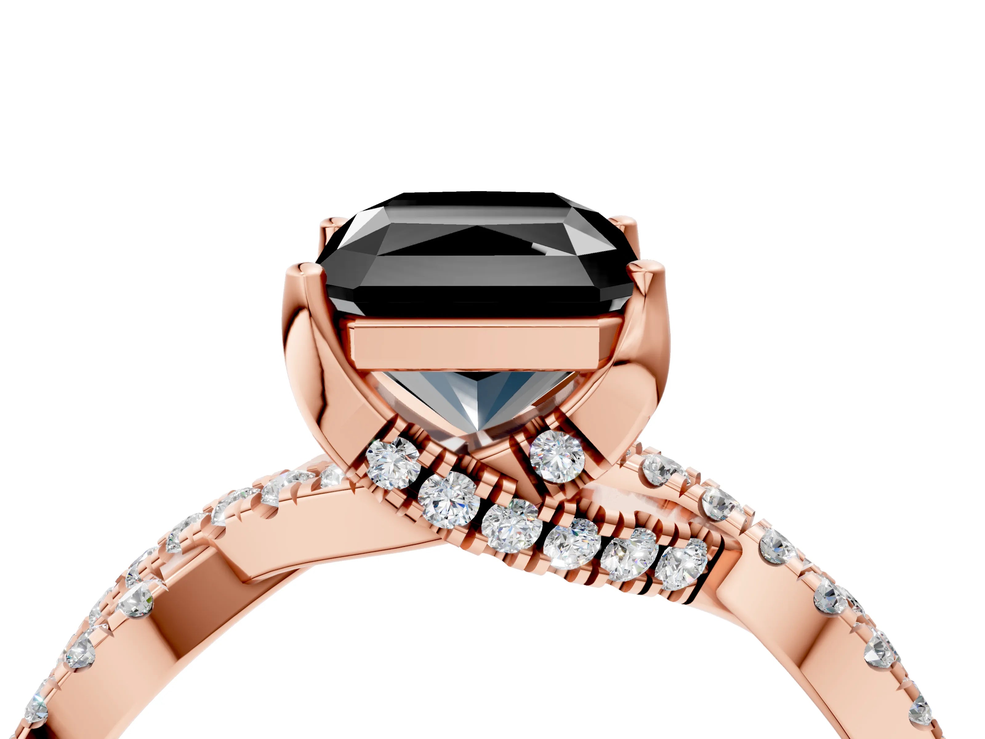 Rose gold Fancy Black Radiant Cut Solitaire Twist Pave Diamond Engagement Ring with Prong Setting_4