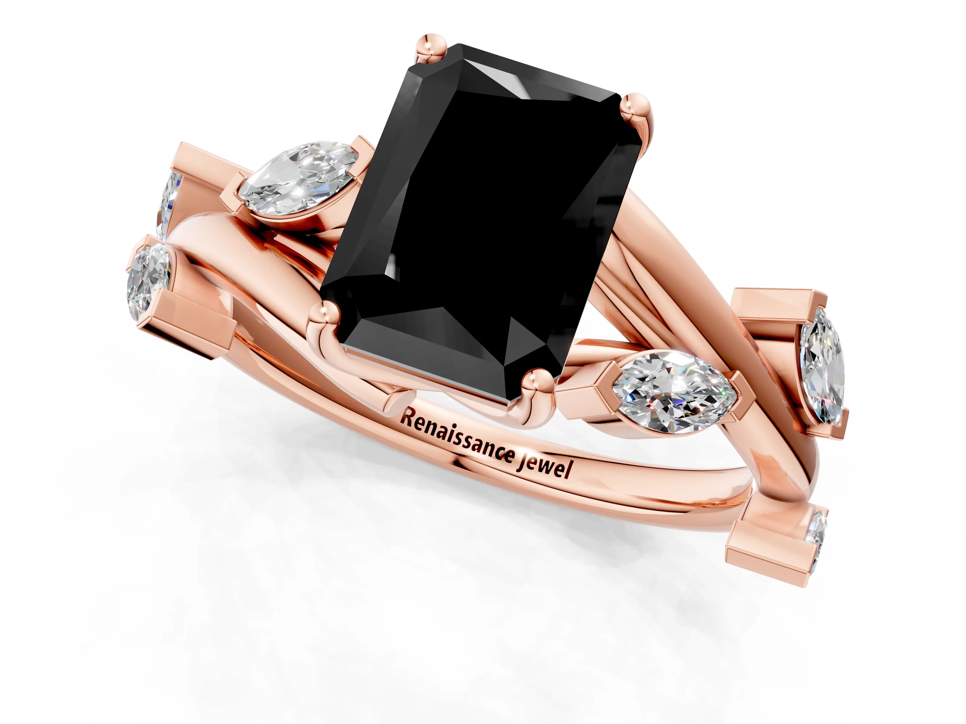 Rose gold Fancy Black Radiant Cut Solitaire Twisted Band Marquise Accent Prong Setting Ring_1