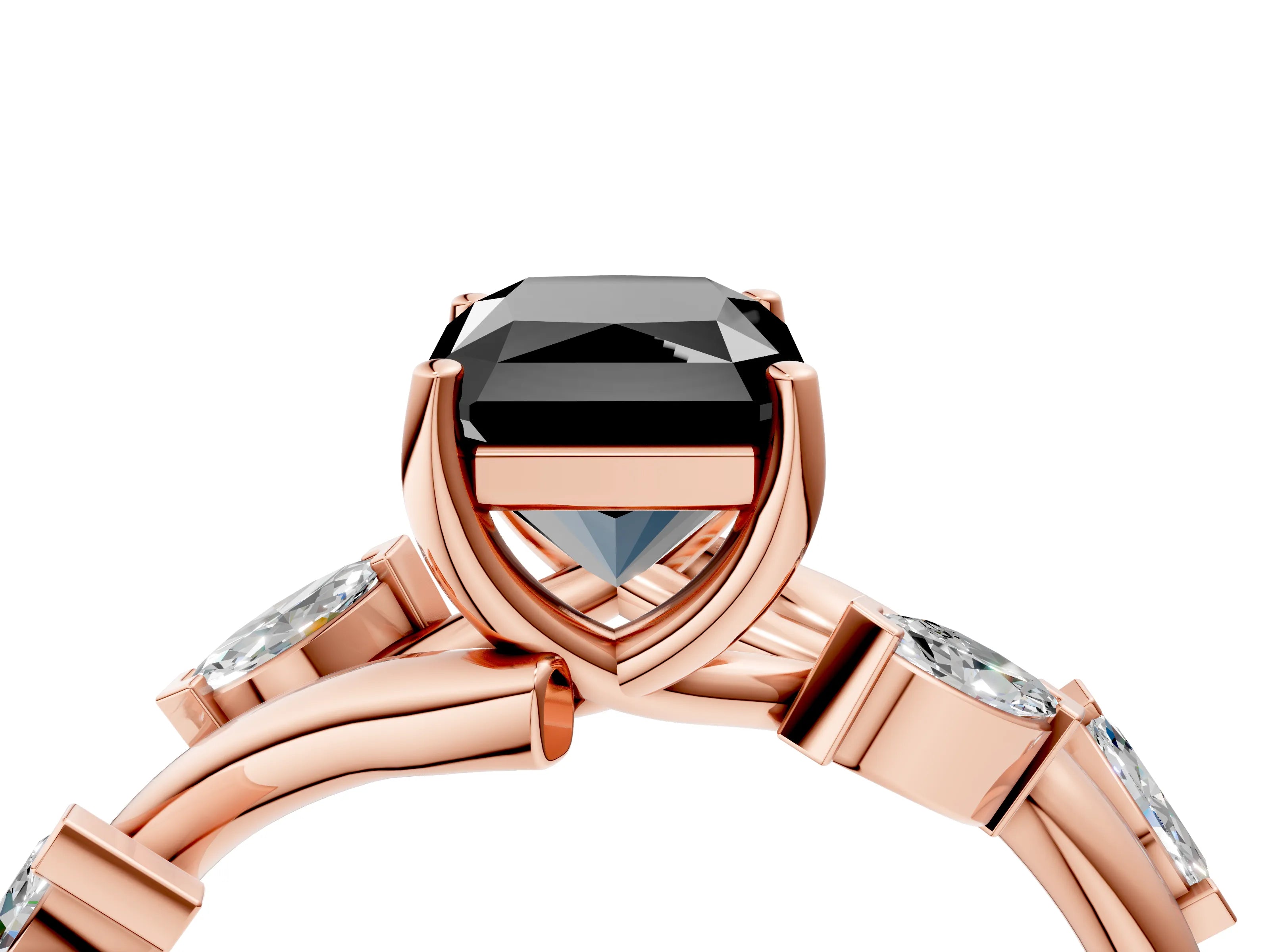 Rose gold Fancy Black Radiant Cut Solitaire Twisted Band Marquise Accent Prong Setting Ring_4