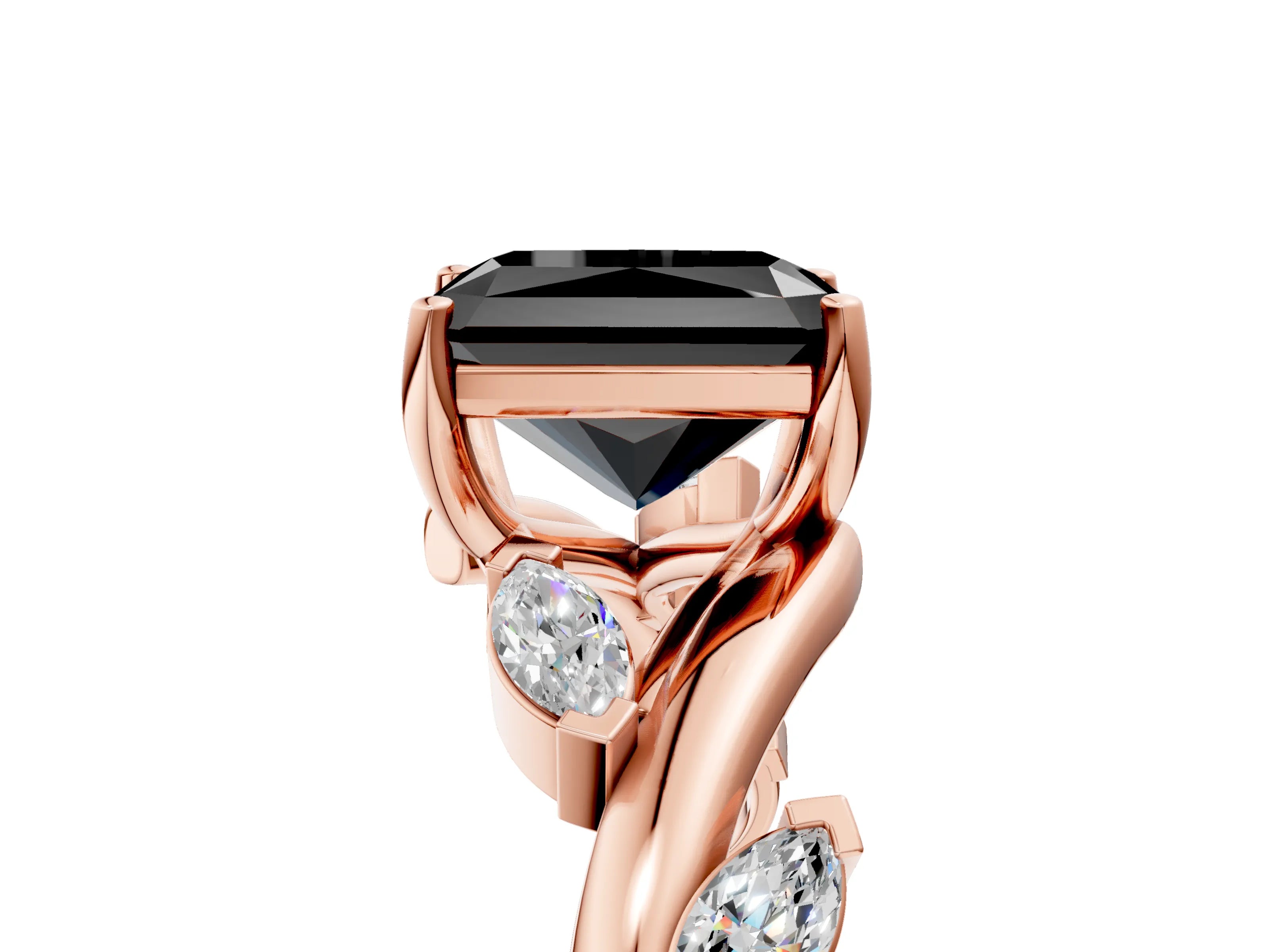 Rose gold Fancy Black Radiant Cut Solitaire Twisted Band Marquise Accent Prong Setting Ring_5